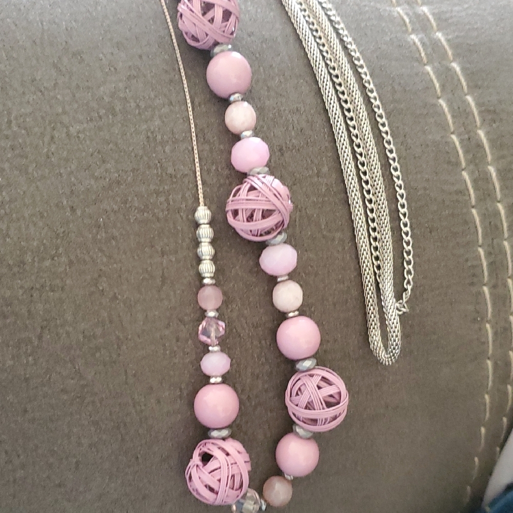 Pink Beaded Layered Necklace Silver Tone Multi Strand Statement Necklace - Picture 2 of 8